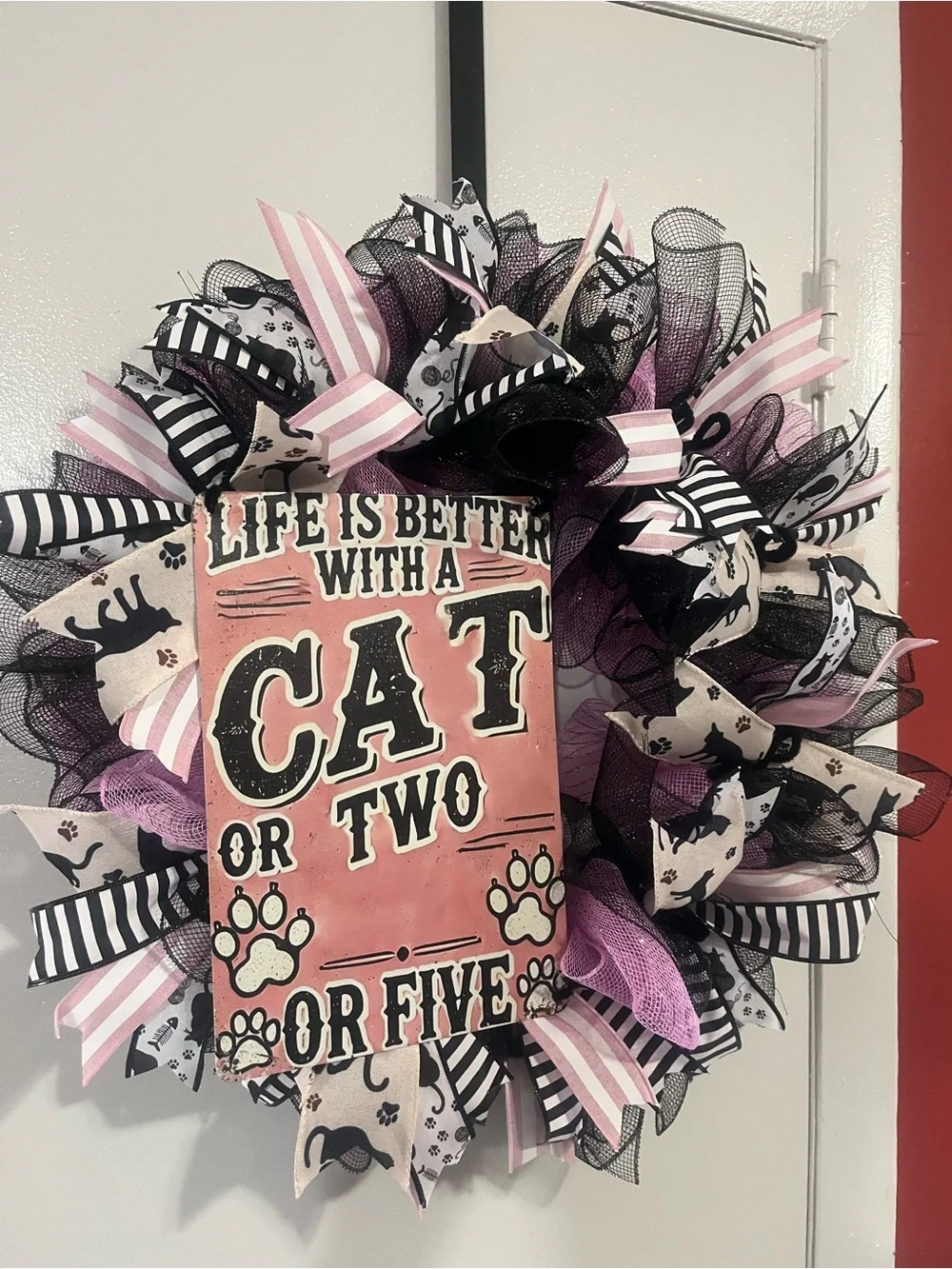 Hand Crafted Pink, Black & Cream Cat Decorative Wreath